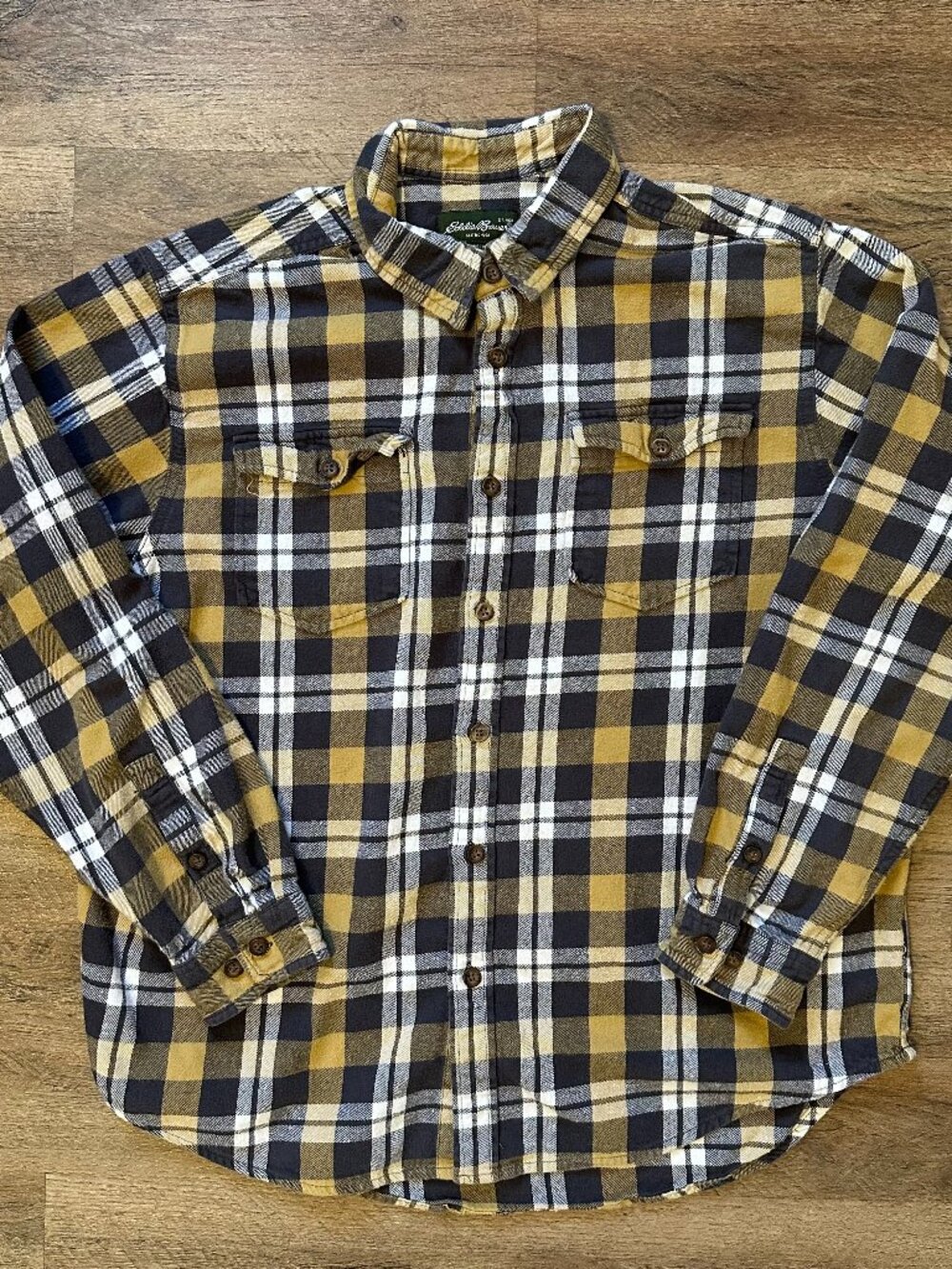 Eddie Bauer Casual Button Down Mens Yellow XL Plaid Rugged Flannel Shirt